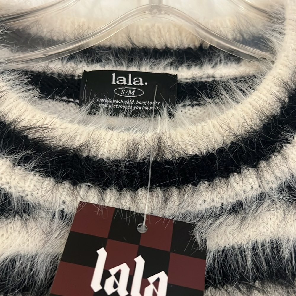 Dressed in LALA “Be Proud of Yourself Fuzzy Knit Top” in Black + White Boxy S/M - Picture 10 of 16